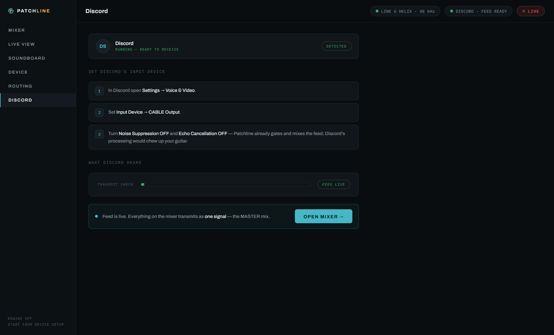 Patchline guided Discord routing with live transmit meter