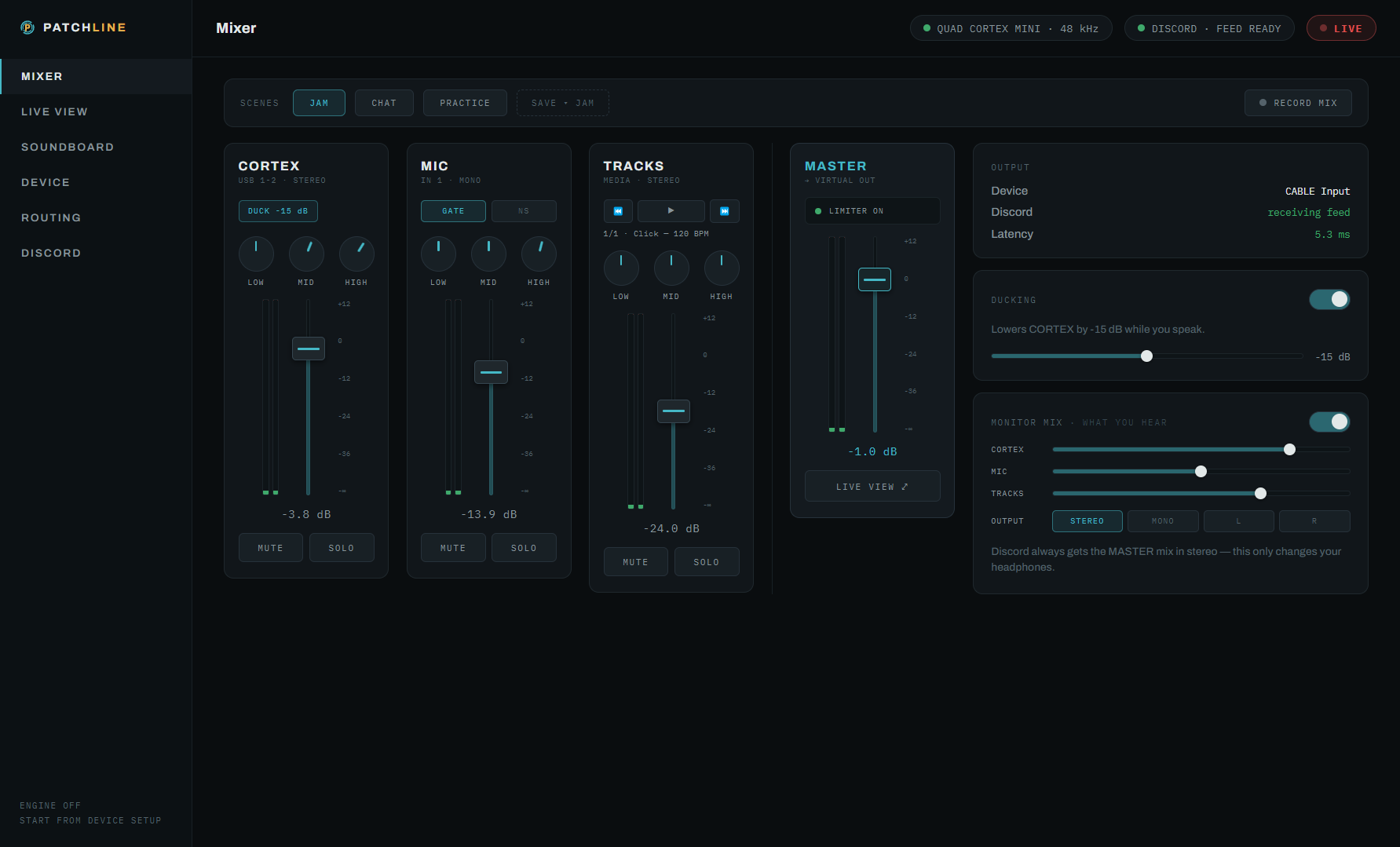 The Patchline mixer — CORTEX, MIC and TRACKS channel strips with EQ, ducking and a master limiter feeding the Discord virtual output