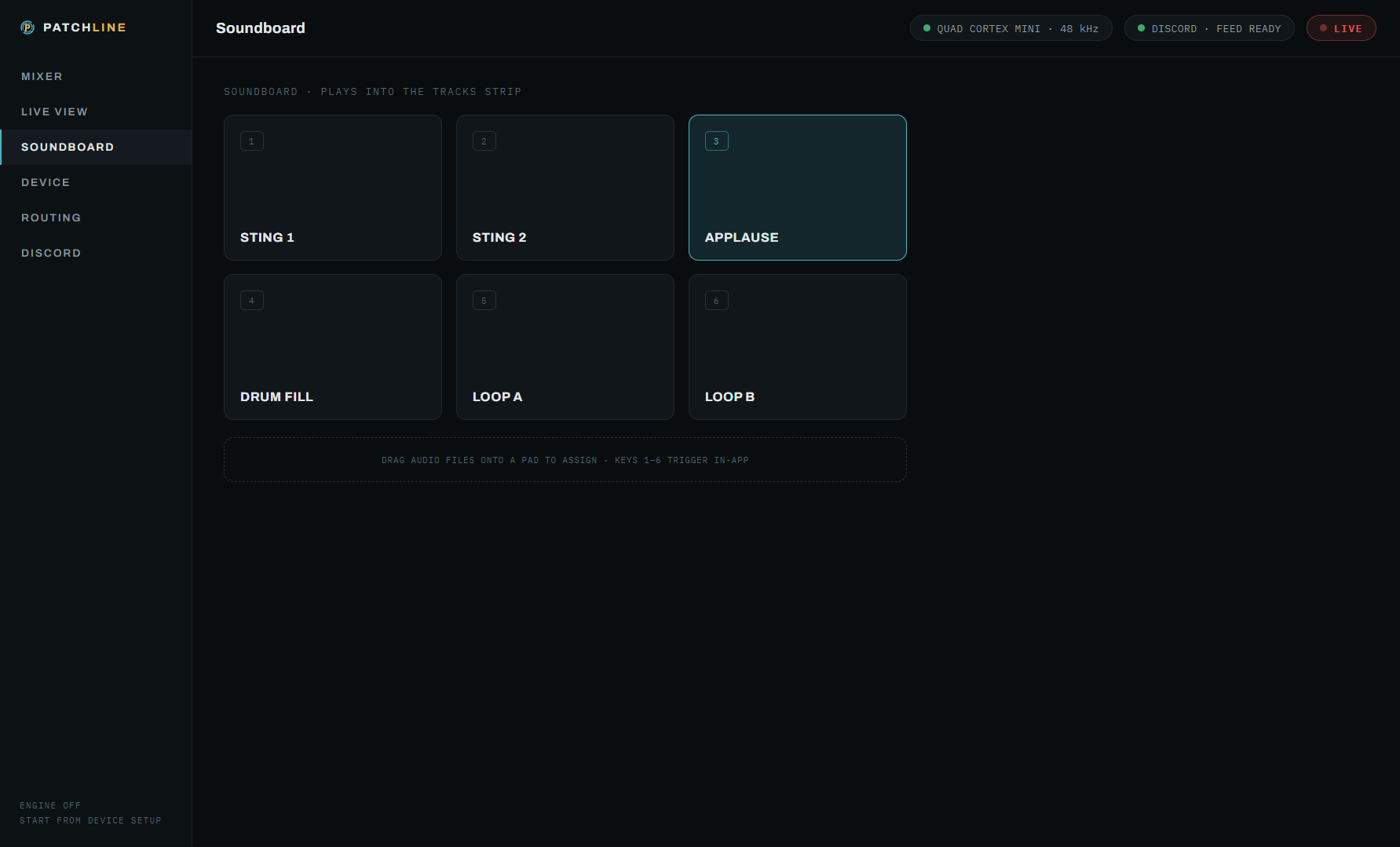 Patchline soundboard — six pads with custom sounds
